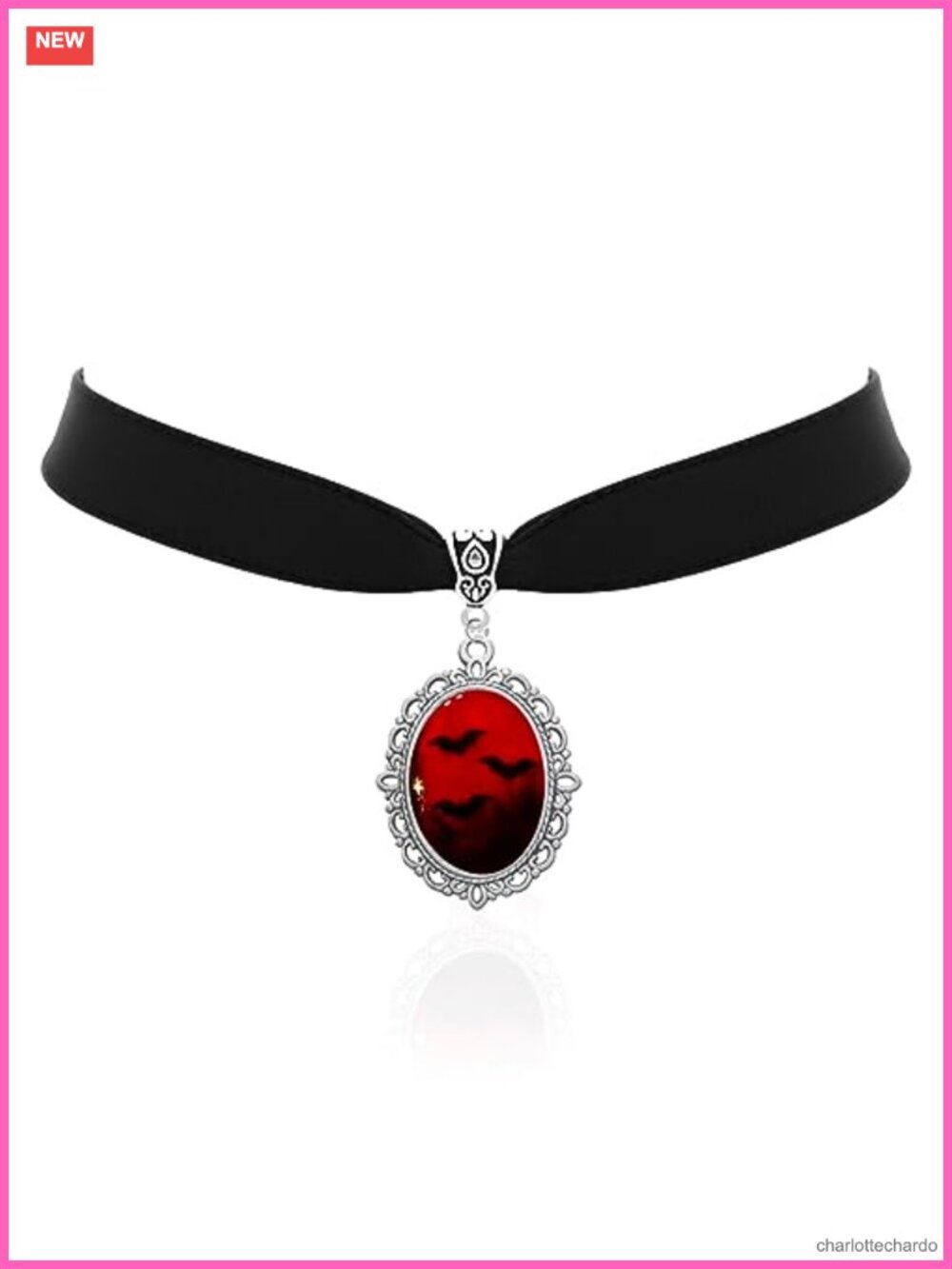 Gothic Bat Cameo Choker Necklace Blood Ruby Cabochon Pendant Vampire Jewelry